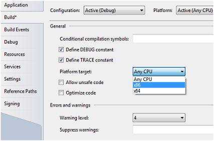 Setting targeted platform in Visual Studio (click to enlarge)