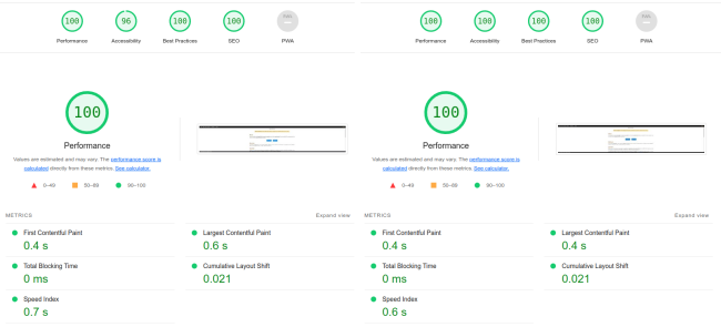 Lighthouse scores for CRA vs Vite (navigation, desktop, with forced cache clear)... Click to enlarge...